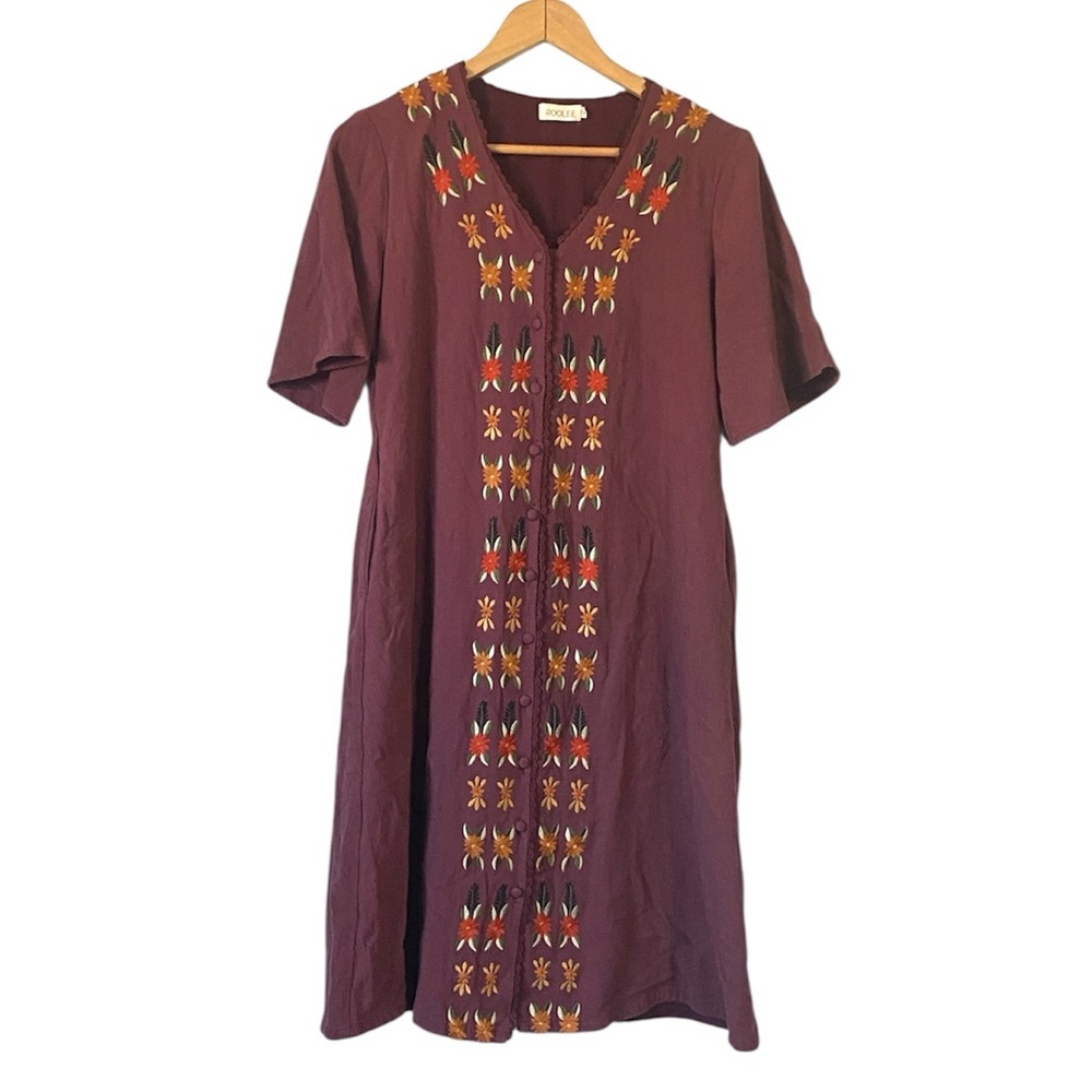 Roolee Women's Honey & Pine linen blend Floral Embroidery midi Dress medium - Picture 2 of 13